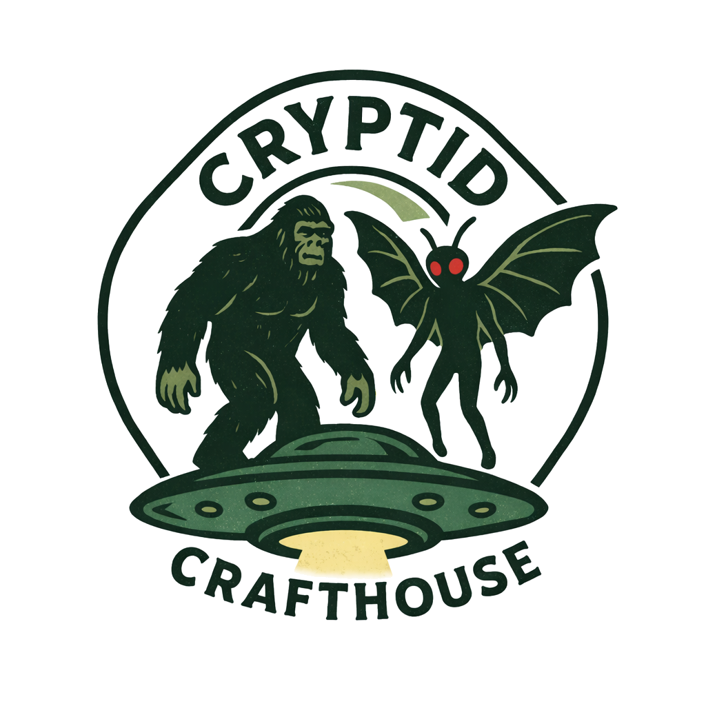 Cryptid Crafthouse logo with Bigfoot, Mothman and a UFO